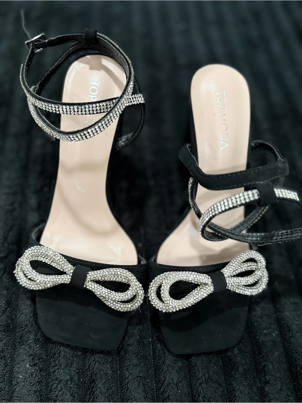 TOP Moda Black Crystal Bow Ankle-Strap Heels
